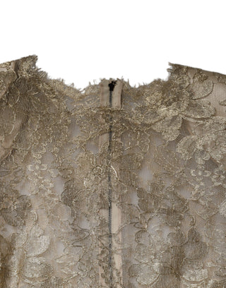 Goldfarbenes Minikleid aus floraler Spitze im Etui-Stil mit A-Linie