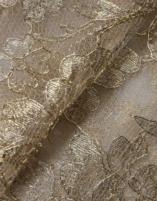 Goldfarbenes Minikleid aus floraler Spitze im Etui-Stil mit A-Linie