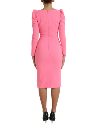 Pinkes figurbetontes Etui-Midikleid aus Polyester mit langen Ärmeln