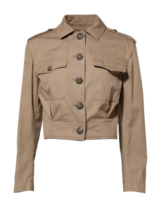 Beige Baumwoll-Button-up figurbetonte kurze Jacke