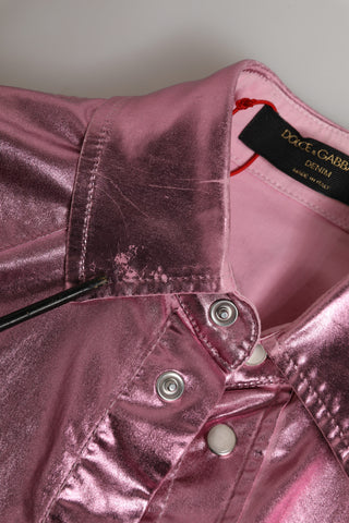 Pink Cotton Stretch Collared Cropped Jacket