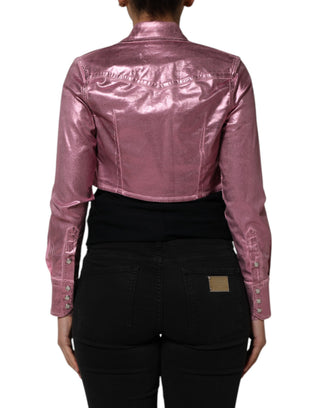 Rosa Baumwoll-Stretch-Cropped-Jacke mit Kragen