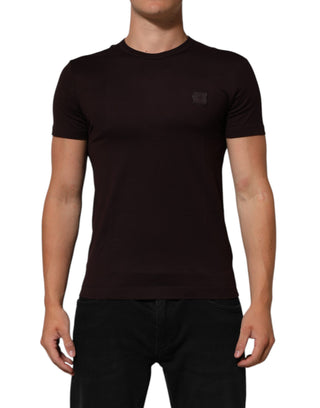 Braunes Baumwoll-T-Shirt mit Rundhalsausschnitt und Logo-Plakette