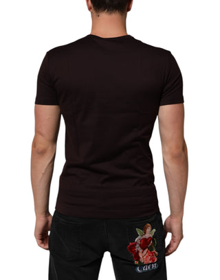 Braunes Baumwoll-T-Shirt mit Rundhalsausschnitt und Logo-Plakette