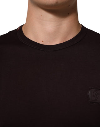 Braunes Baumwoll-T-Shirt mit Rundhalsausschnitt und Logo-Plakette
