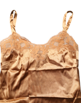 Brown Floral Lace Silk Satin Tank Lingerie Underwear