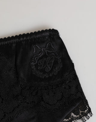 Black Silk Satin Floral Lace Panty Brief Underwear