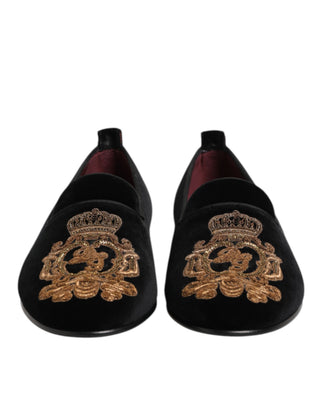 Black Velvet Gold Crown Mens Loafers Shoes
