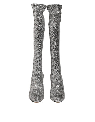 Silver Sequins Glitter High Heel Boot Shoes