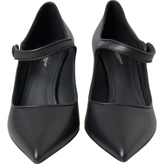 Schwarze Leder-Logo-Absätze Mary Janes Pumps Schuhe