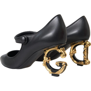 Schwarze Leder-Logo-Absätze Mary Janes Pumps Schuhe