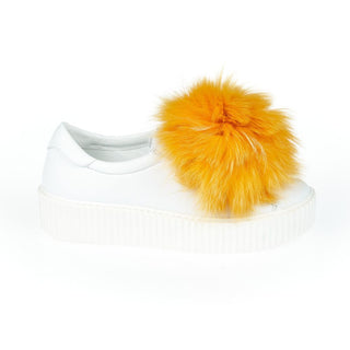Weiße Textil-Damen-Sneaker mit echten Pelz-Pompoms