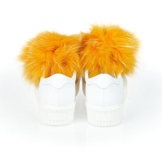 Weiße Textil-Damen-Sneaker mit echten Pelz-Pompoms