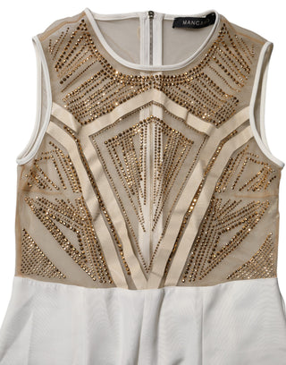 White Beige Mesh Crystal Embellished Sleeveless Jumpsuit