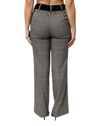 Pantalones de cintura de terciopelo de mezcla de lana gris con cuadros y pierna recta