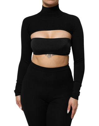 Top corto negro de viscosa con cuello alto tipo tortuga