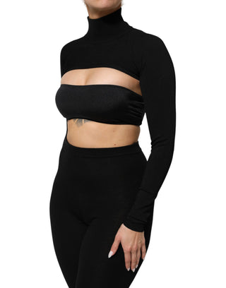 Top corto negro de viscosa con cuello alto tipo tortuga