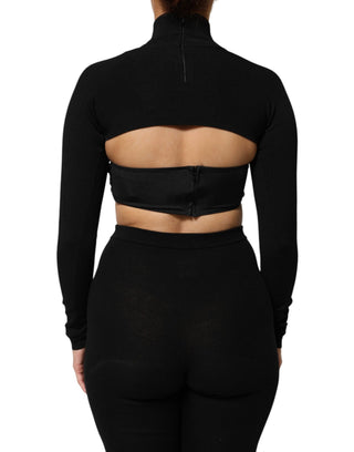 Top corto negro de viscosa con cuello alto tipo tortuga