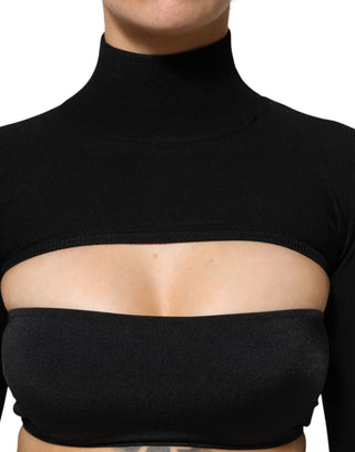 Top corto negro de viscosa con cuello alto tipo tortuga
