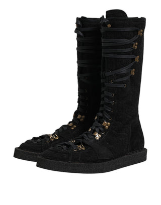 Schwarze Alpaka-Wolle Wildleder Mid Calf Stiefel Schuhe