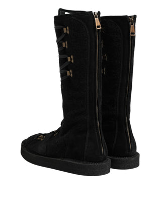 Schwarze Alpaka-Wolle Wildleder Mid Calf Stiefel Schuhe