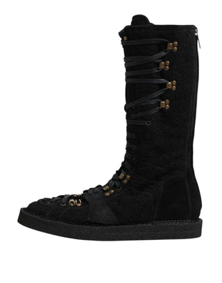 Schwarze Alpaka-Wolle Wildleder Mid Calf Stiefel Schuhe