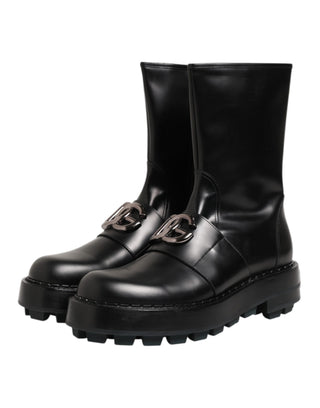 Schwarze Bikerstiefel mit Logo-Plakette, wadenhoch