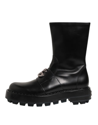Schwarze Bikerstiefel mit Logo-Plakette, wadenhoch