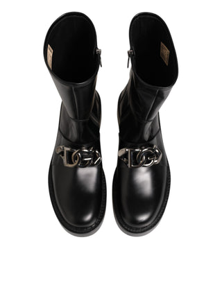 Black Logo Plaque Mid Calf Biker Boots Shoes