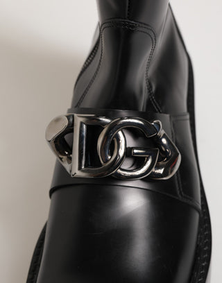 Black Logo Plaque Mid Calf Biker Boots Shoes