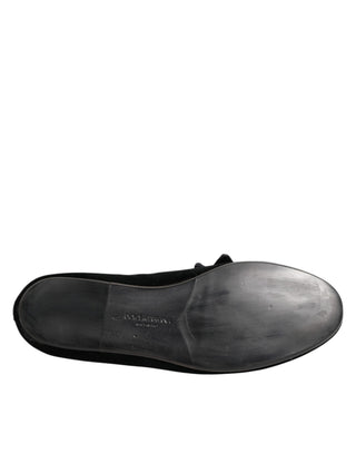 Black Suede Cotton Rose Slip On Loafers Shoes