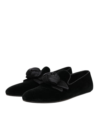 Black Suede Cotton Rose Slip On Loafers Shoes