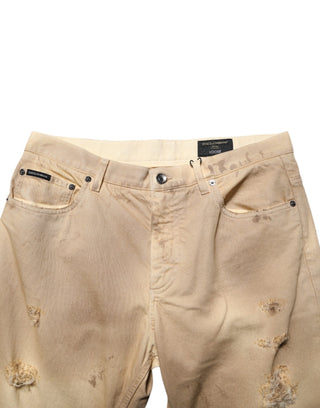 Jeans sueltos rasgados beige de algodón para hombre