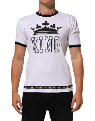 Weißes Baumwoll-T-Shirt mit King-Stickerei auf der Krone