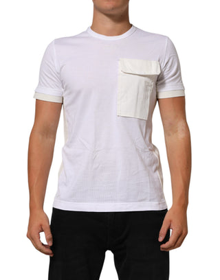Camiseta blanca de algodón para hombre con bolsillo y cuello redondo