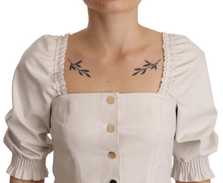 Weiße bauchfreie Bluse mit eckigem Ausschnitt und Knopfleiste