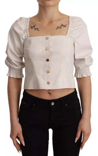 Weiße bauchfreie Bluse mit eckigem Ausschnitt und Knopfleiste