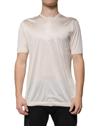 Off-weißes Seiden-Henley-T-Shirt mit kurzen Ärmeln