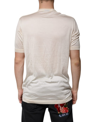 Off-weißes Seiden-Henley-T-Shirt mit kurzen Ärmeln
