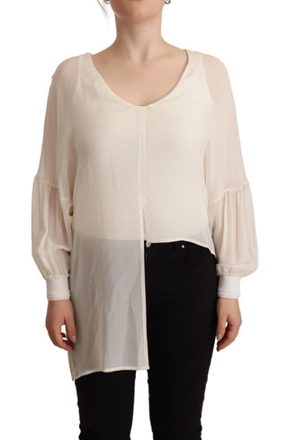 Seidenes Langarm-Top in Off-White mit tiefem V-Ausschnitt