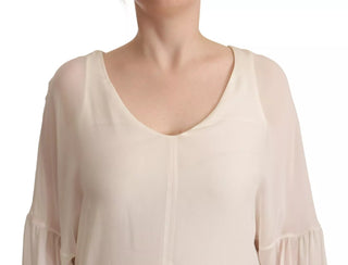 Seidenes Langarm-Top in Off-White mit tiefem V-Ausschnitt