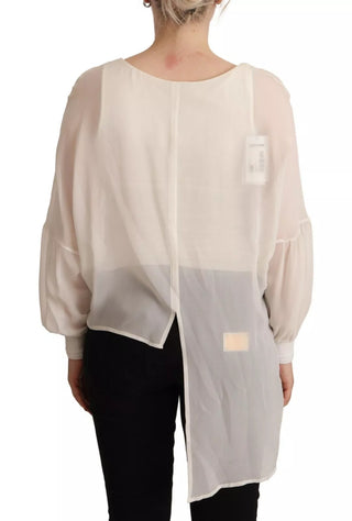 Seidenes Langarm-Top in Off-White mit tiefem V-Ausschnitt