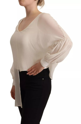 Seidenes Langarm-Top in Off-White mit tiefem V-Ausschnitt
