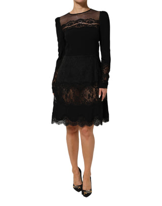 Schwarzes, tailliertes A-Linien-Kleid mit Blumenmuster und Spitze