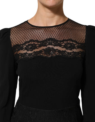Schwarzes, tailliertes A-Linien-Kleid mit Blumenmuster und Spitze