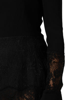 Schwarzes, tailliertes A-Linien-Kleid mit Blumenmuster und Spitze