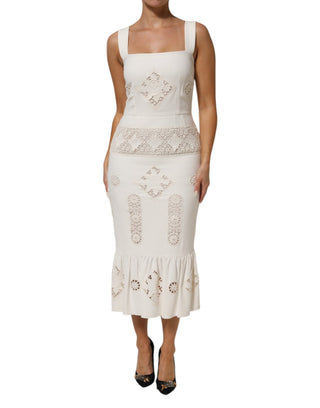 Vestido Midi Blanco sin Mangas con Encaje Floral  