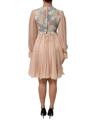 Rosa geblümtes, plissiertes A-Linien-Kleid mit Stickerei