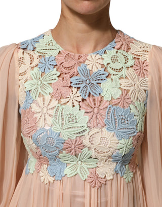 Rosa geblümtes, plissiertes A-Linien-Kleid mit Stickerei