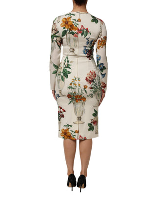 Weißes Blumen-Vasen-Seidenscheiden-Midikleid
